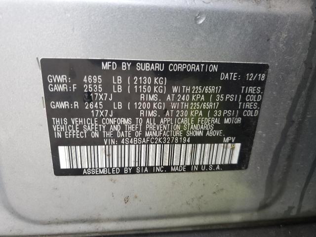 VIN 4S4BSAFC2K3278194 2019 Subaru Outback, 2.5I Pre... no.13