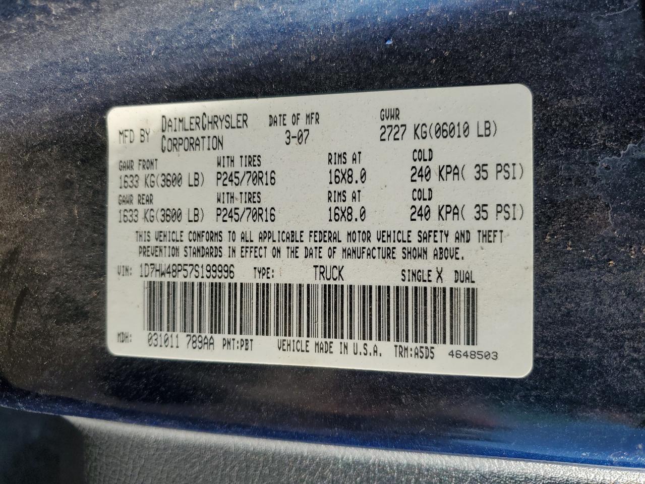 Lot #3029432694 2007 DODGE DAKOTA QUA