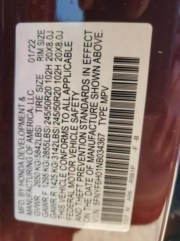 2022 HONDA PILOT ELIT - 5FNYF6H01NB034367