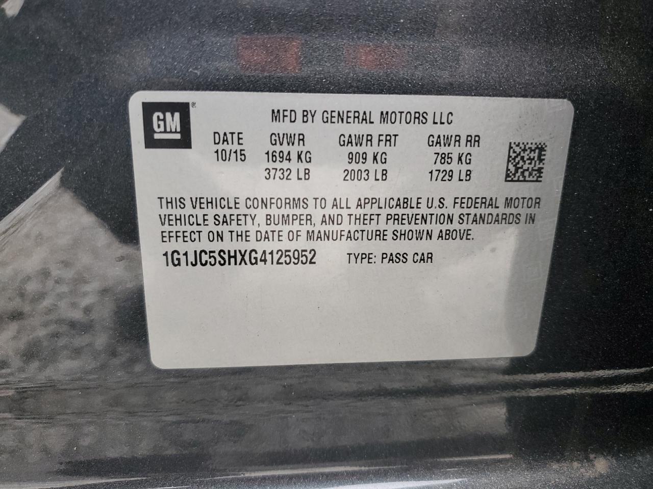 Lot #2989257682 2016 CHEVROLET SONIC LT