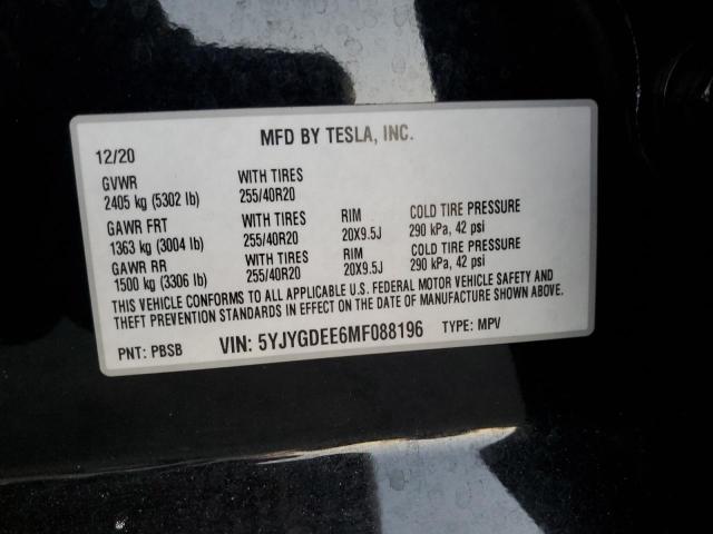 VIN 5YJYGDEE6MF088196 2021 TESLA MODEL Y no.13