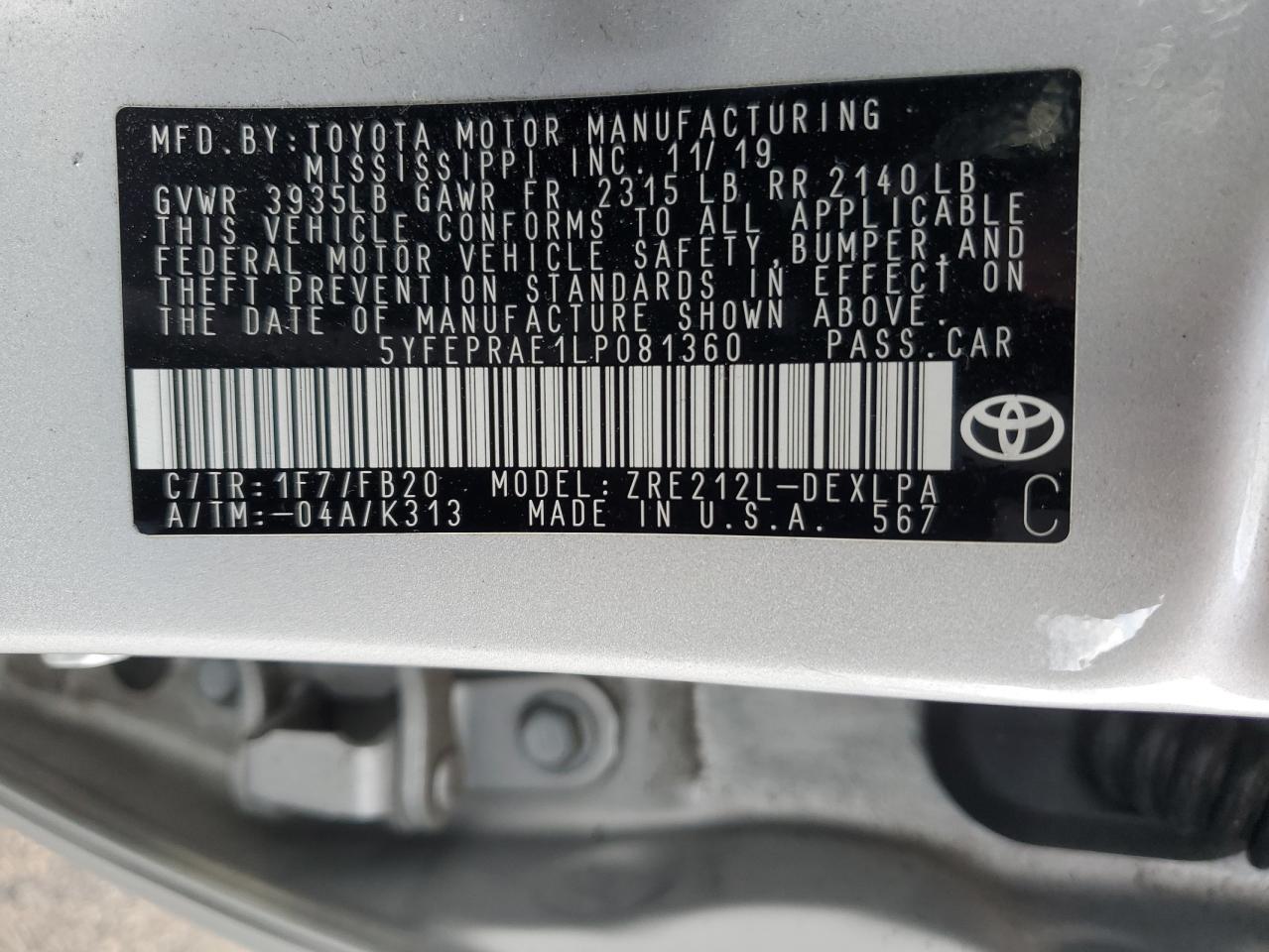 Lot #3034284121 2020 TOYOTA COROLLA LE