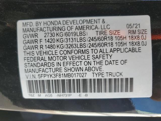 VIN 5FPYK3F81MB017027 2021 HONDA RIDGELINE no.12