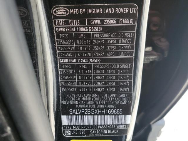 VIN SALVP2BGXHH169665 2017 Land Rover Range Rover, SE no.13