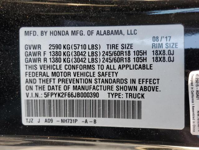 VIN 5FPYK2F66JB000390 2018 HONDA RIDGELINE no.12