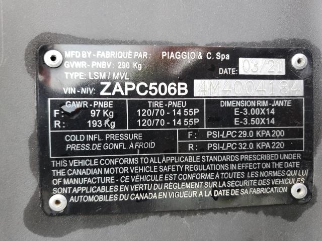 2021 PIAGGIO SCOOTER ZAPC506B4M4004184