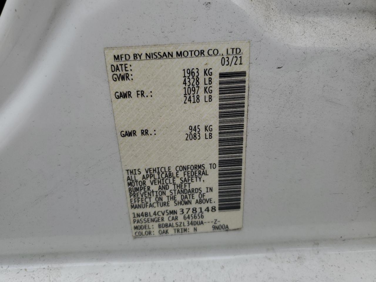 Lot #3028539919 2021 NISSAN ALTIMA SR