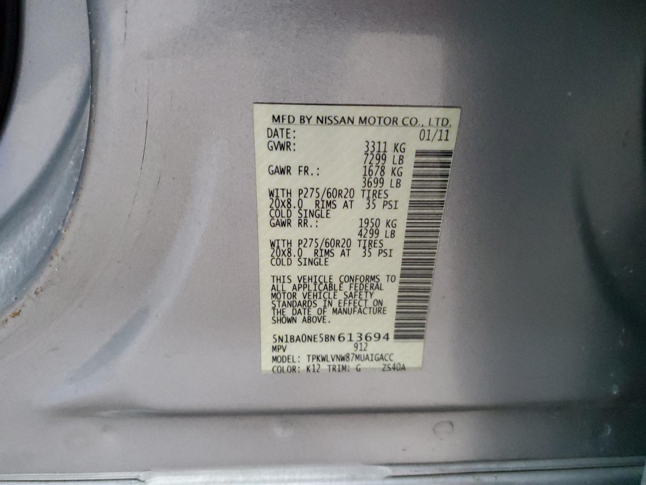 Lot #3027068766 2011 NISSAN ARMADA PLA