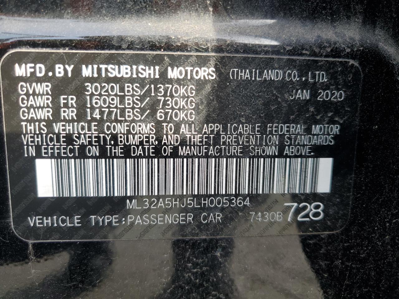 Lot #3041983197 2020 MITSUBISHI MIRAGE LE