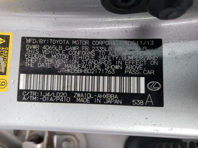 VIN JTHKD5BH8D2171763 2013 LEXUS CT 200 no.12