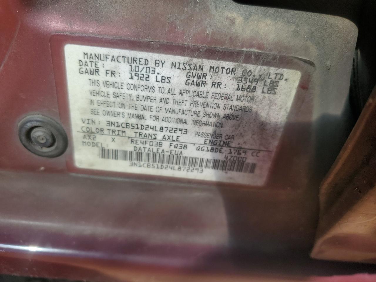 Lot #3173744253 2004 NISSAN SENTRA 1.8