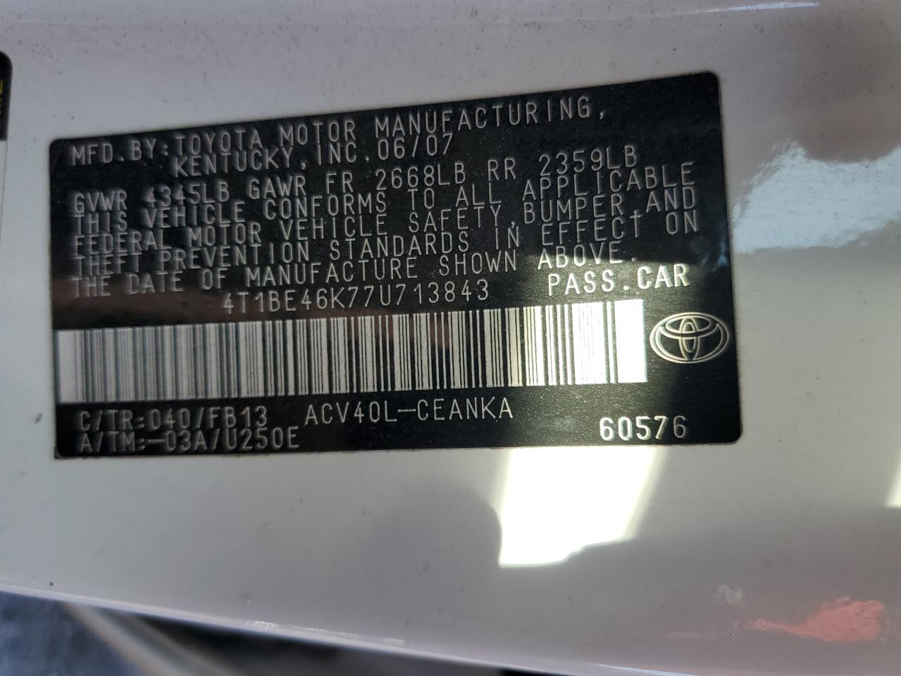 Lot #3022643795 2007 TOYOTA CAMRY CE