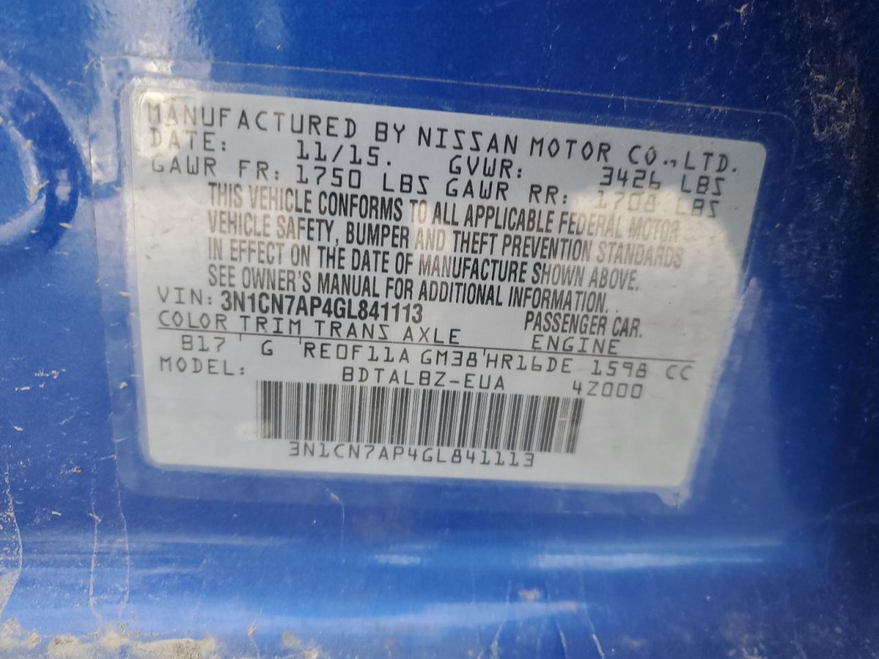 Lot #3034283111 2016 NISSAN VERSA S