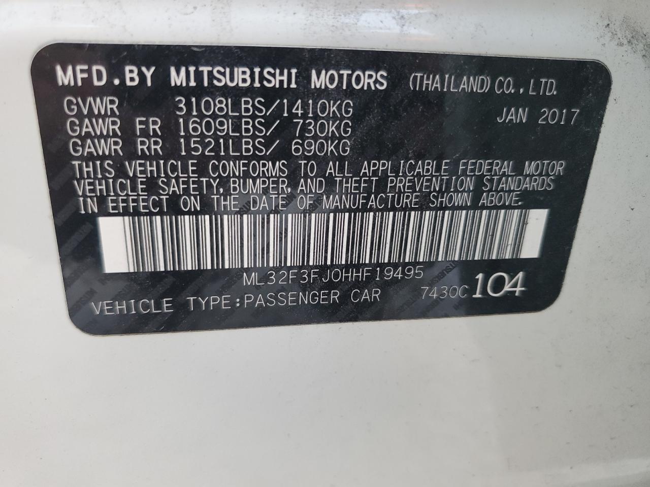 Lot #2976916729 2017 MITSUBISHI MIRAGE G4