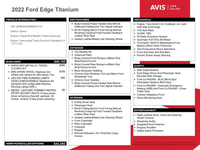 2022 FORD EDGE TITAN - 2FMPK4K90NBA07737