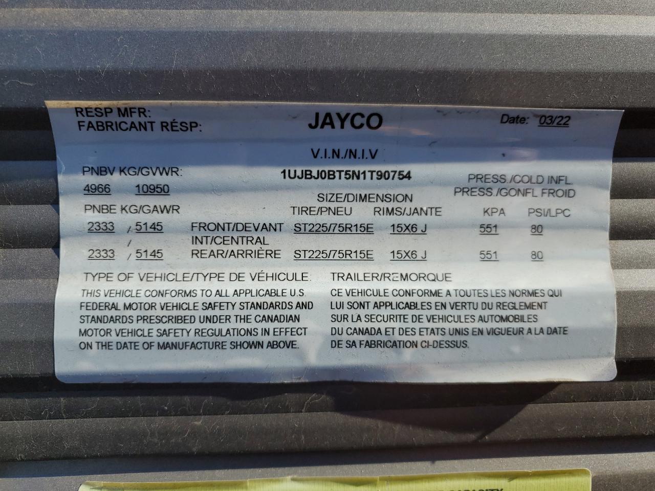 Lot #2990997215 2022 JAYCO TRAILER