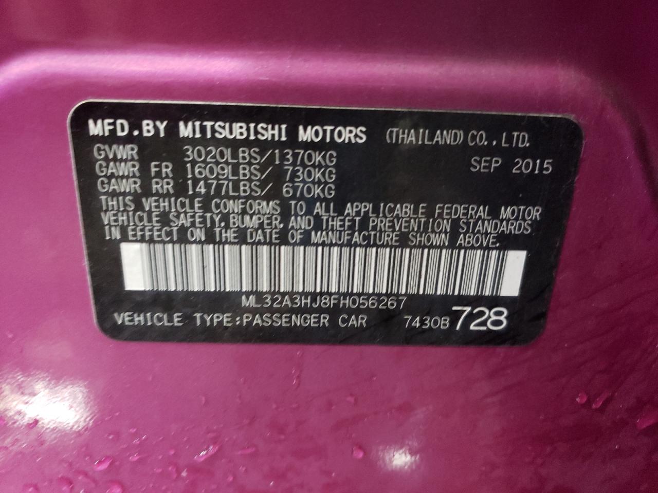 Lot #2962498818 2015 MITSUBISHI MIRAGE DE