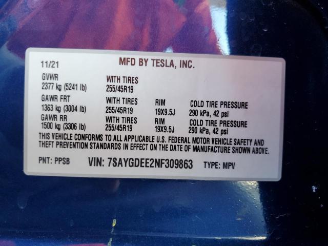 VIN 7SAYGDEE2NF309863 2022 TESLA MODEL Y no.12