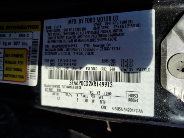 VIN 3FA6P0CD2KR149913 2019 Ford Fusion, Sel no.12