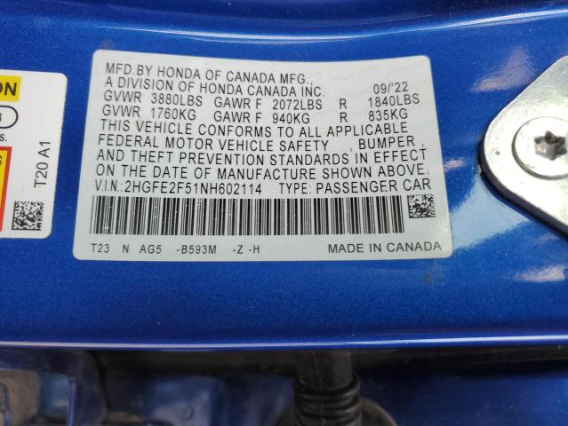 2022 HONDA CIVIC SPOR - 2HGFE2F51NH602114