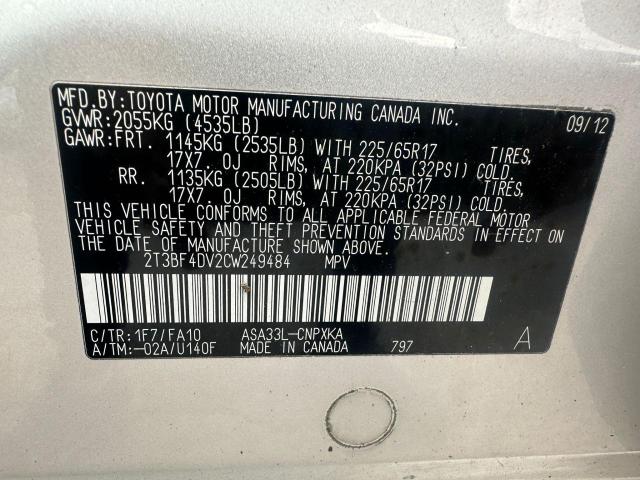 VIN 2T3BF4DV2CW249484 2012 Toyota RAV4 no.10