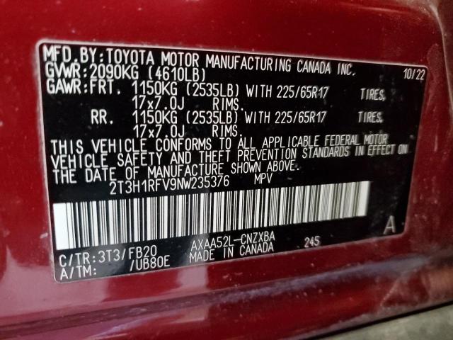 VIN 2T3H1RFV9NW235376 2022 TOYOTA RAV4 no.13