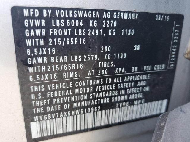 VIN WVGBV7AX5HW510962 2017 Volkswagen Tiguan, S no.13