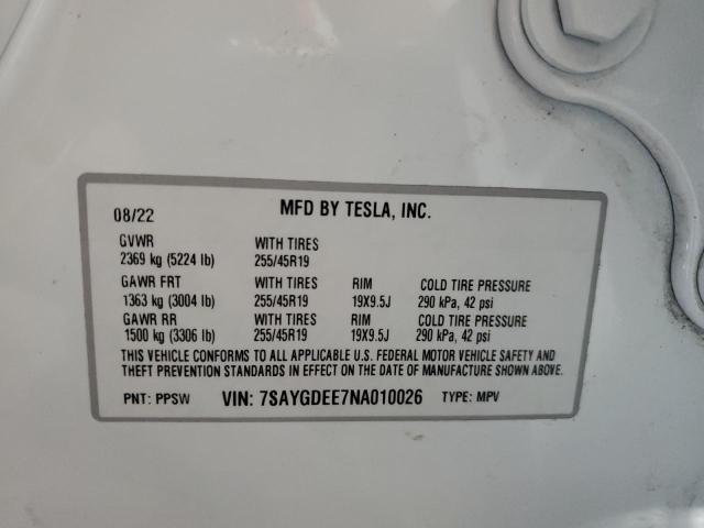 VIN 7SAYGDEE7NA010026 2022 Tesla MODEL Y no.13