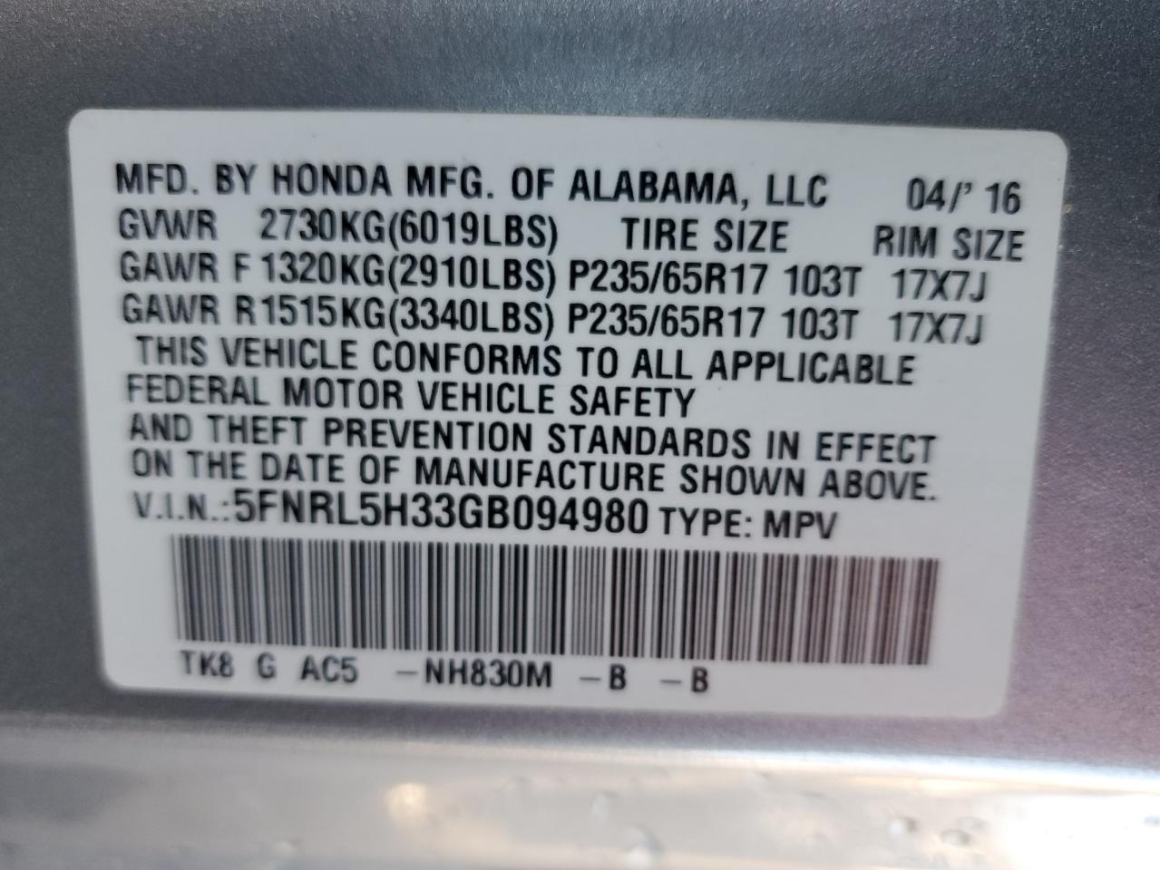 Lot #3033582084 2016 HONDA ODYSSEY SE