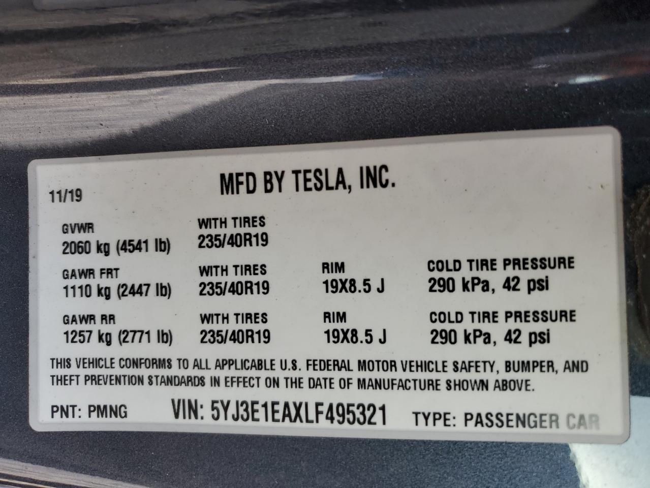 Lot #3051316641 2020 TESLA MODEL 3