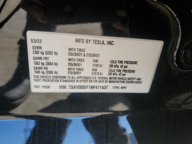 VIN 7SAYGDEF1NF411437 2022 TESLA MODEL Y no.12