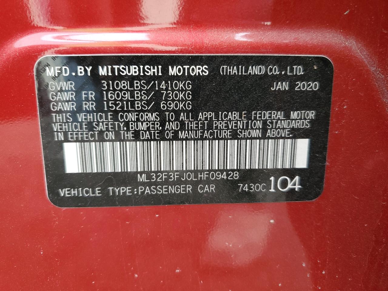 Lot #3033602199 2020 MITSUBISHI MIRAGE G4