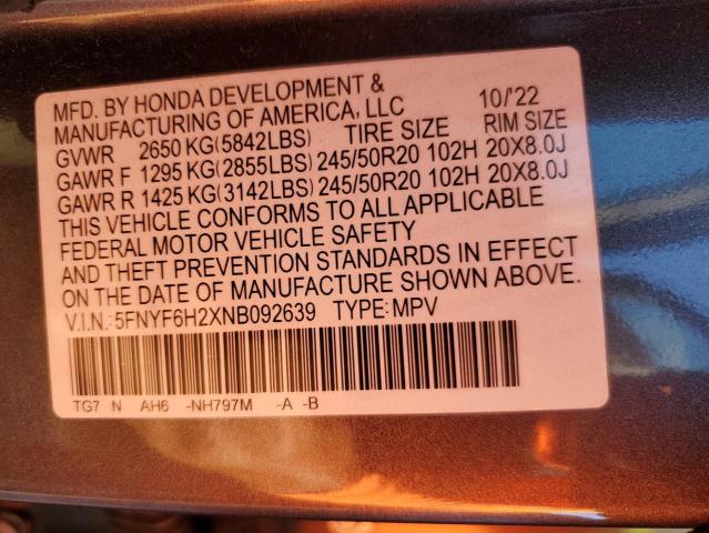 2022 HONDA PILOT SE 5FNYF6H2XNB092639