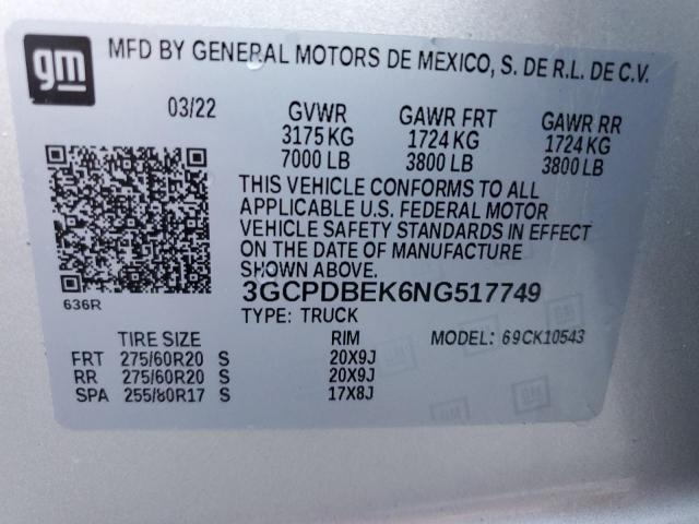 2022 CHEVROLET SILVERADO - 3GCPDBEK6NG517749