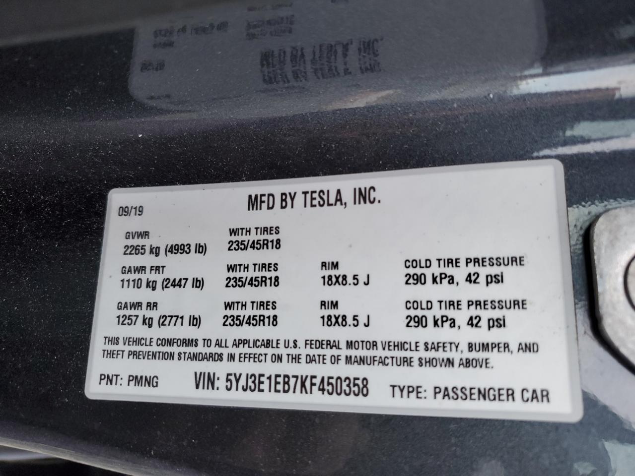 Lot #3024515421 2019 TESLA MODEL 3