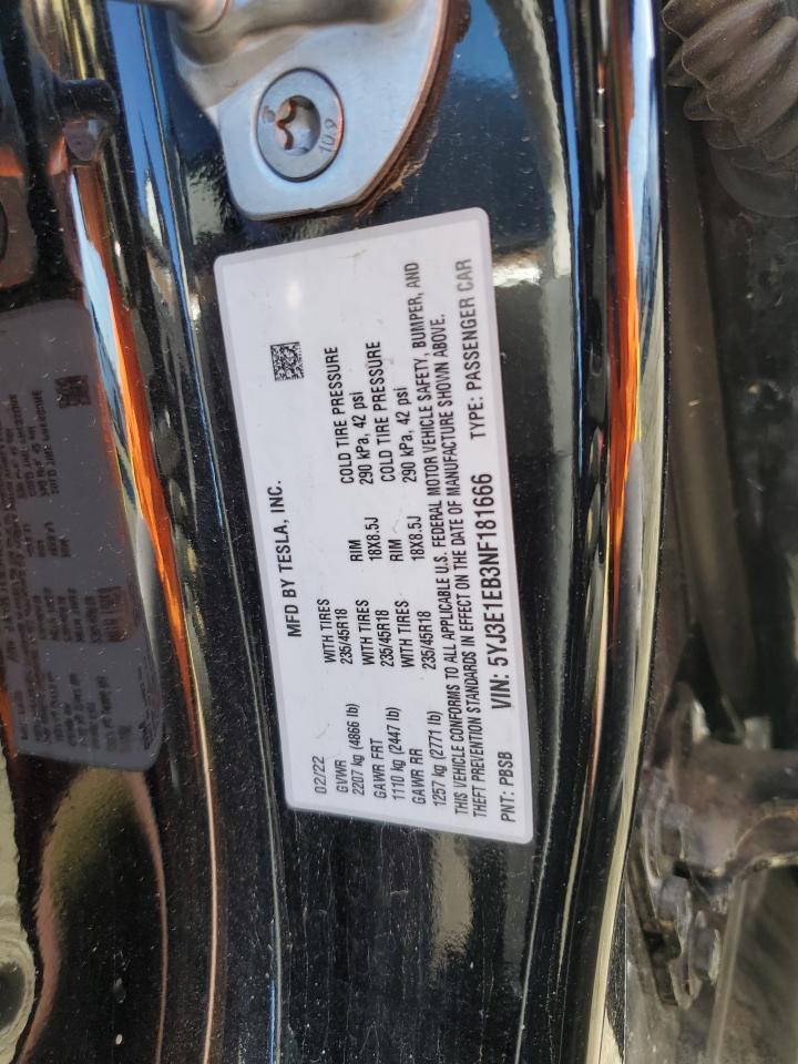 Lot #2972423411 2022 TESLA MODEL 3