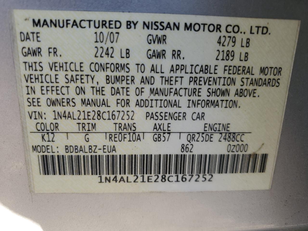 Lot #2961851264 2008 NISSAN ALTIMA 2.5