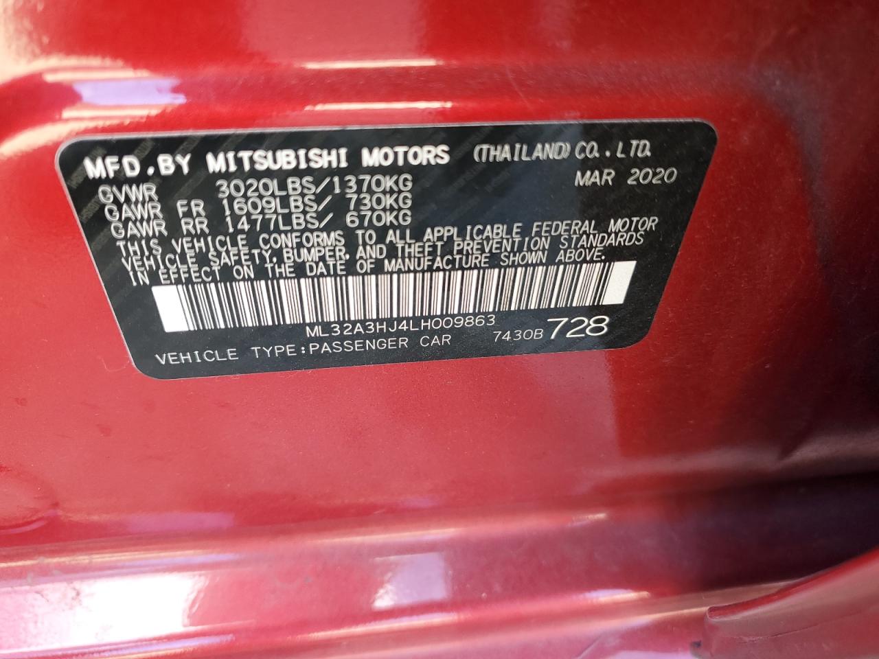 Lot #2991702177 2020 MITSUBISHI MIRAGE ES