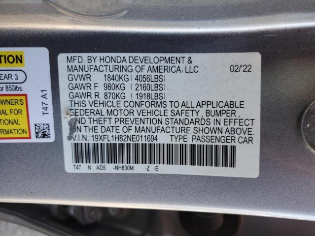 VIN 19XFL1H82NE011694 2022 HONDA CIVIC no.12