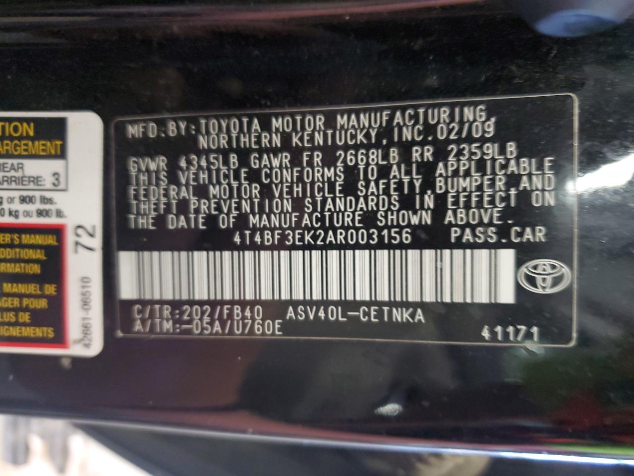 Lot #2993640497 2010 TOYOTA CAMRY BASE