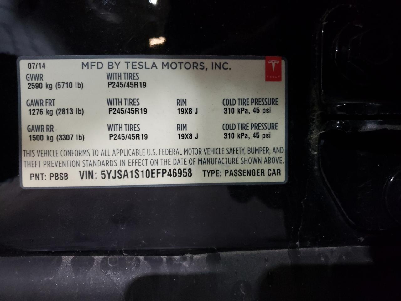 Lot #2970014894 2014 TESLA MODEL S