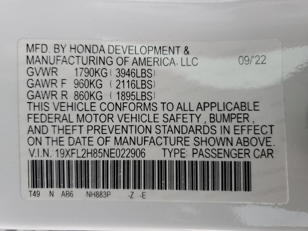 Lot #2988844679 2022 HONDA CIVIC SPOR