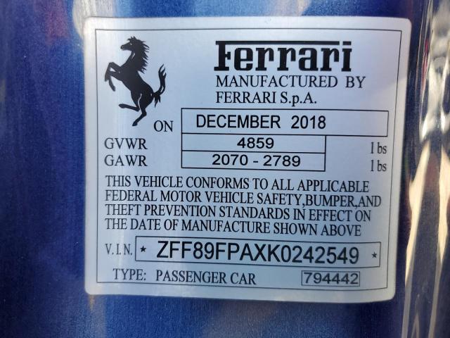 2019 FERRARI PORTOFINO ZFF89FPAXK0242549