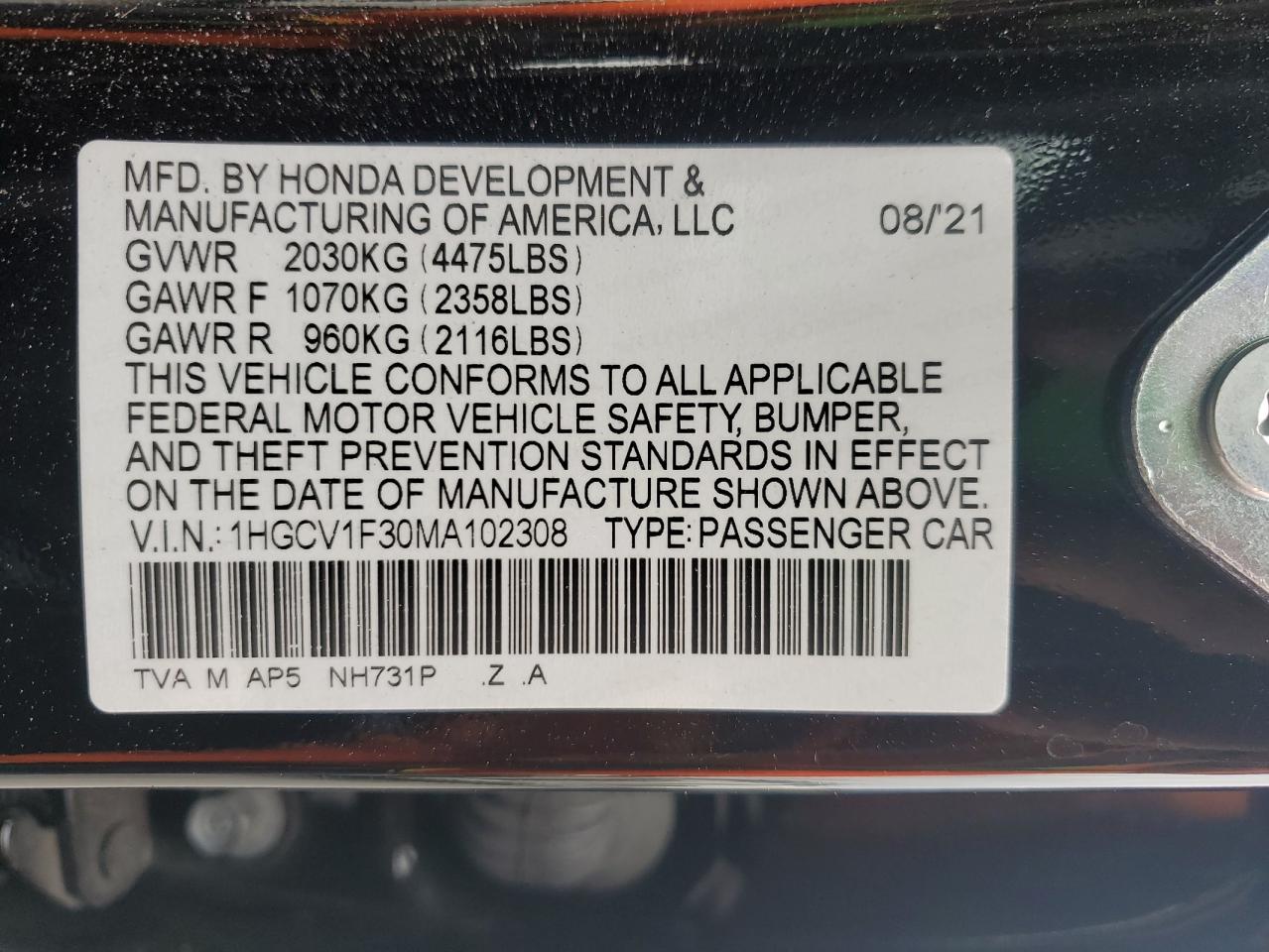 Lot #3038113200 2021 HONDA ACCORD SPO