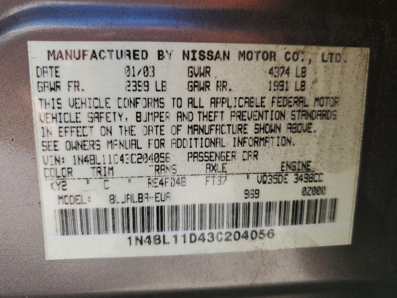 Lot #2989065527 2003 NISSAN ALTIMA SE