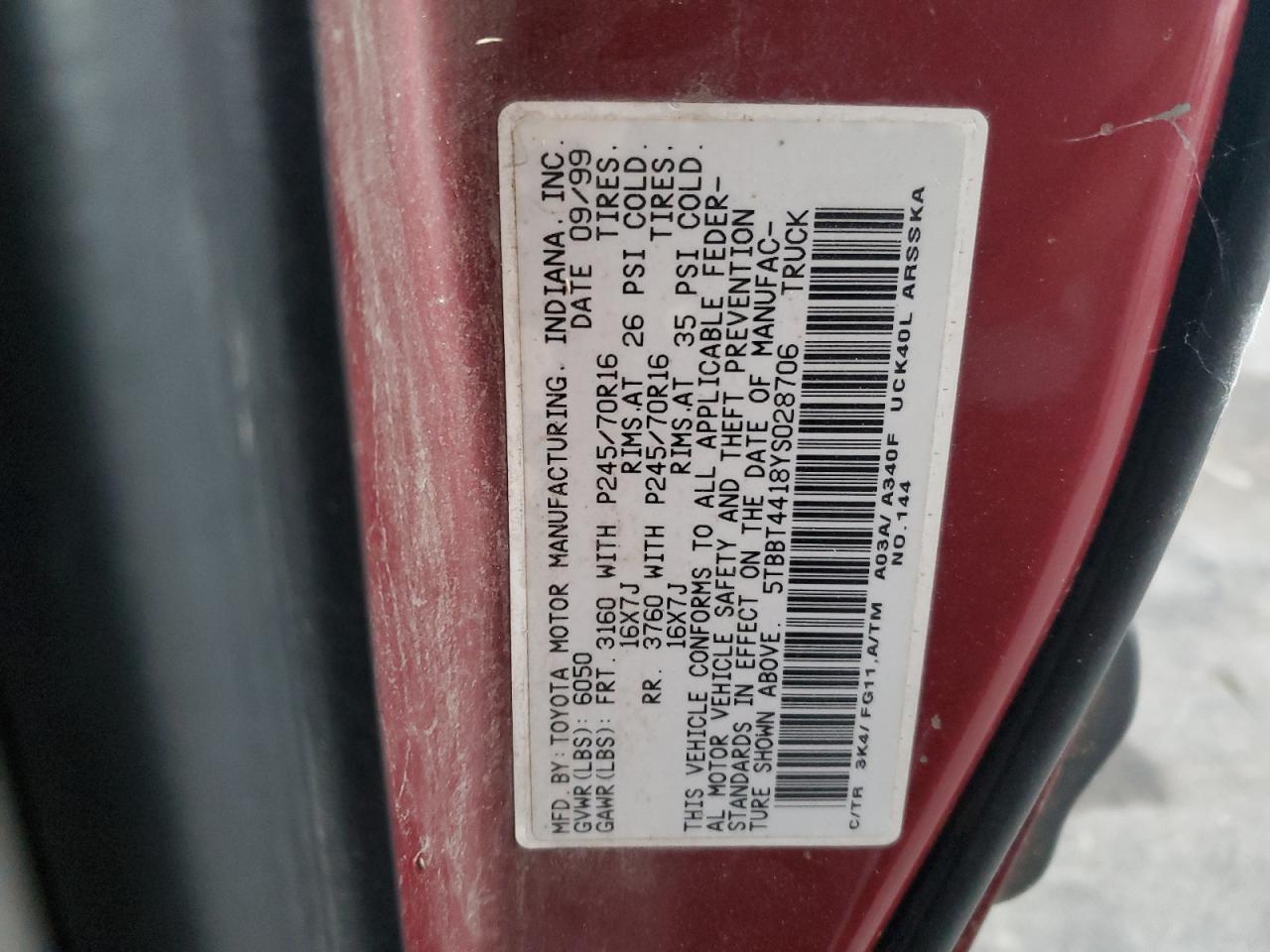 Lot #2971481396 2000 TOYOTA TUNDRA ACC