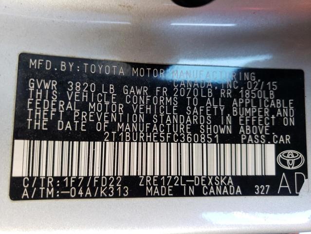 2015 TOYOTA COROLLA L - 2T1BURHE5FC360851