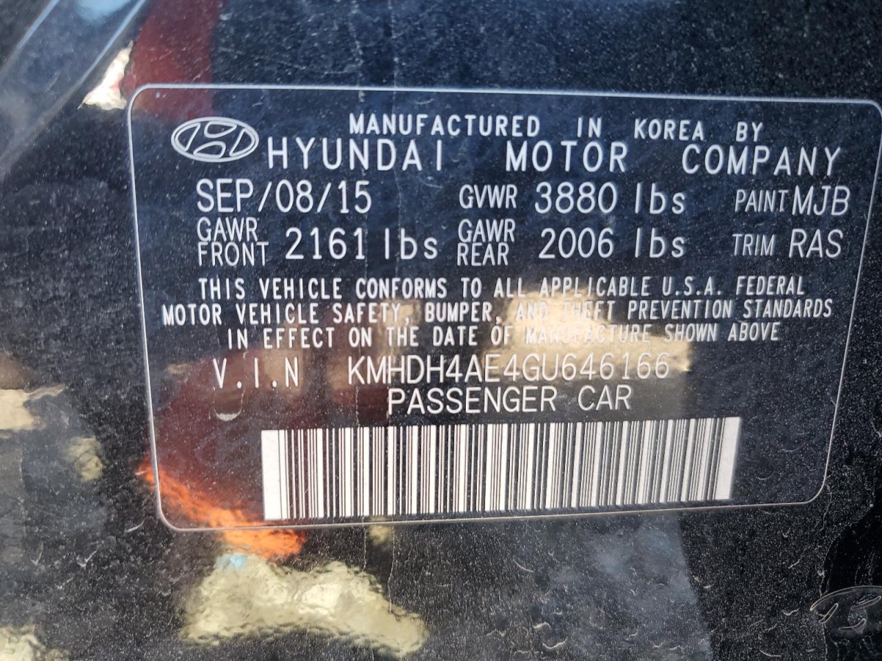 Lot #2955371506 2016 HYUNDAI ELANTRA SE