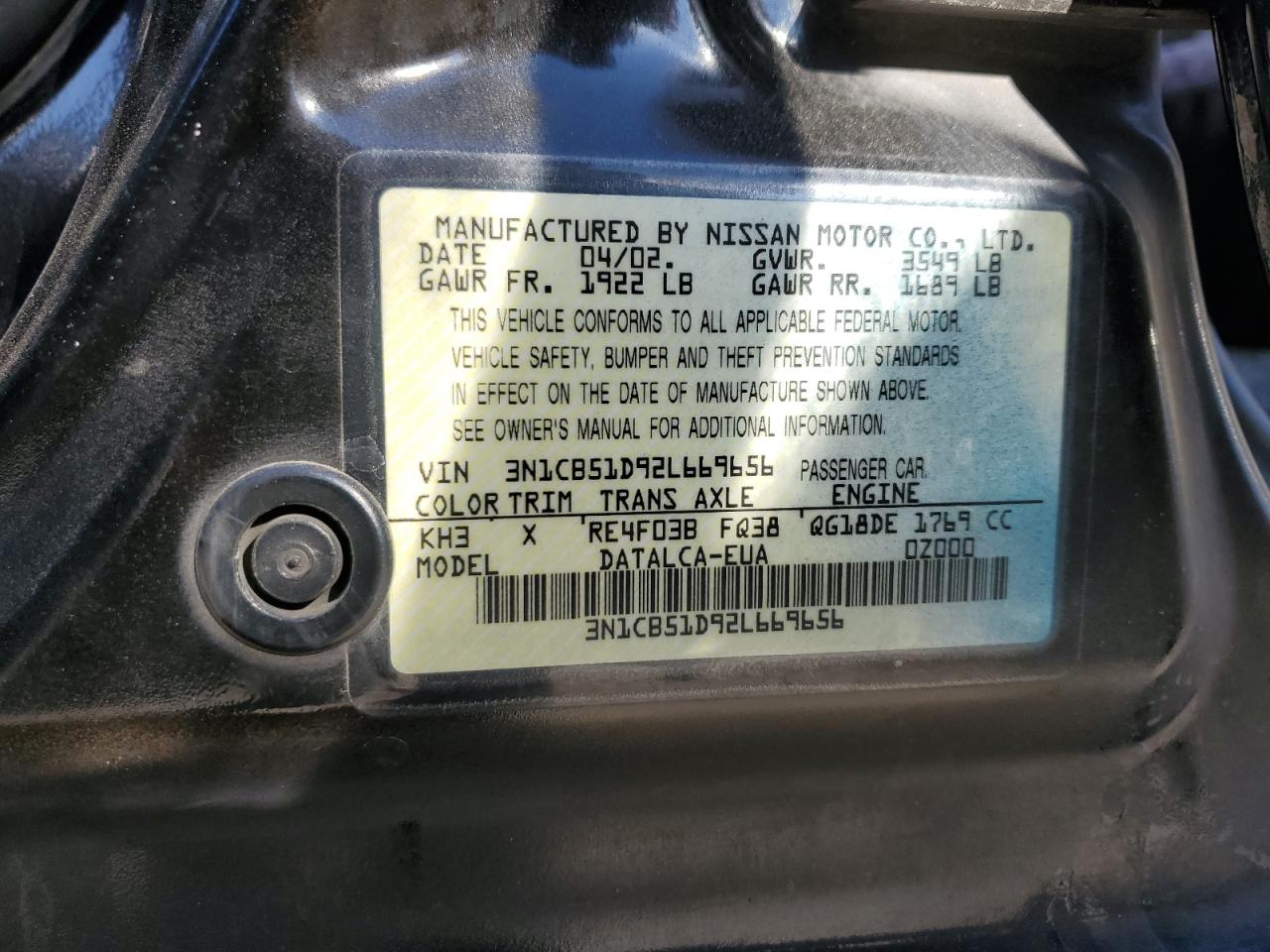 Lot #3023459236 2002 NISSAN SENTRA XE