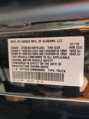 2021 HONDA RIDGELINE - 5FPYK3F12MB000868